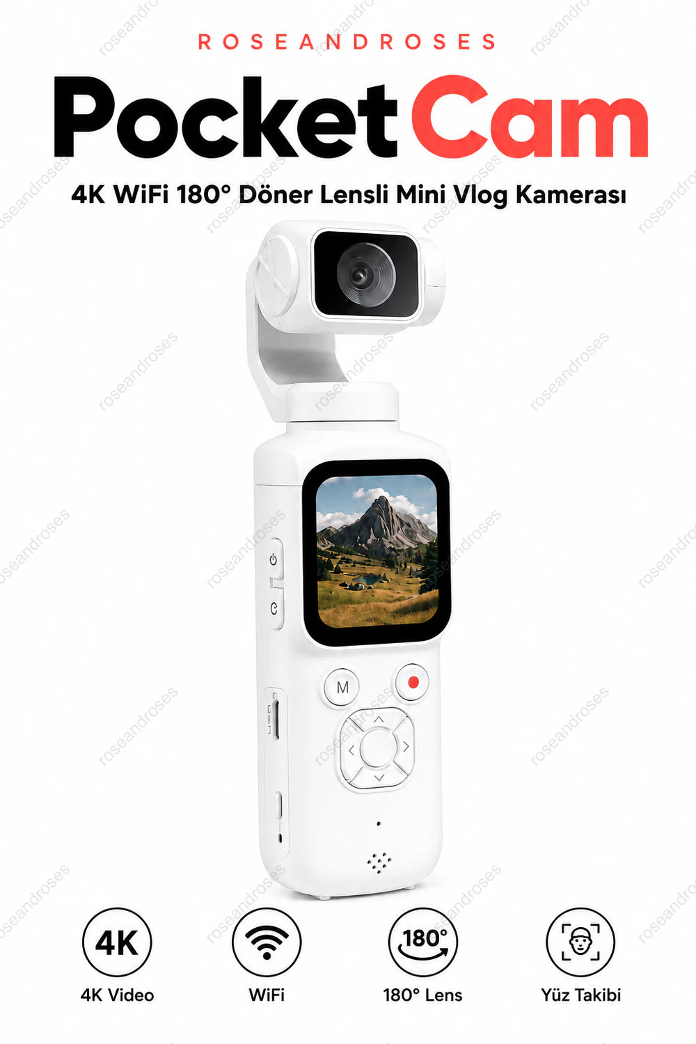 PocketCam 4K WiFi 180 derece döner lensli mini vlog kamera Beyaz ana görseli