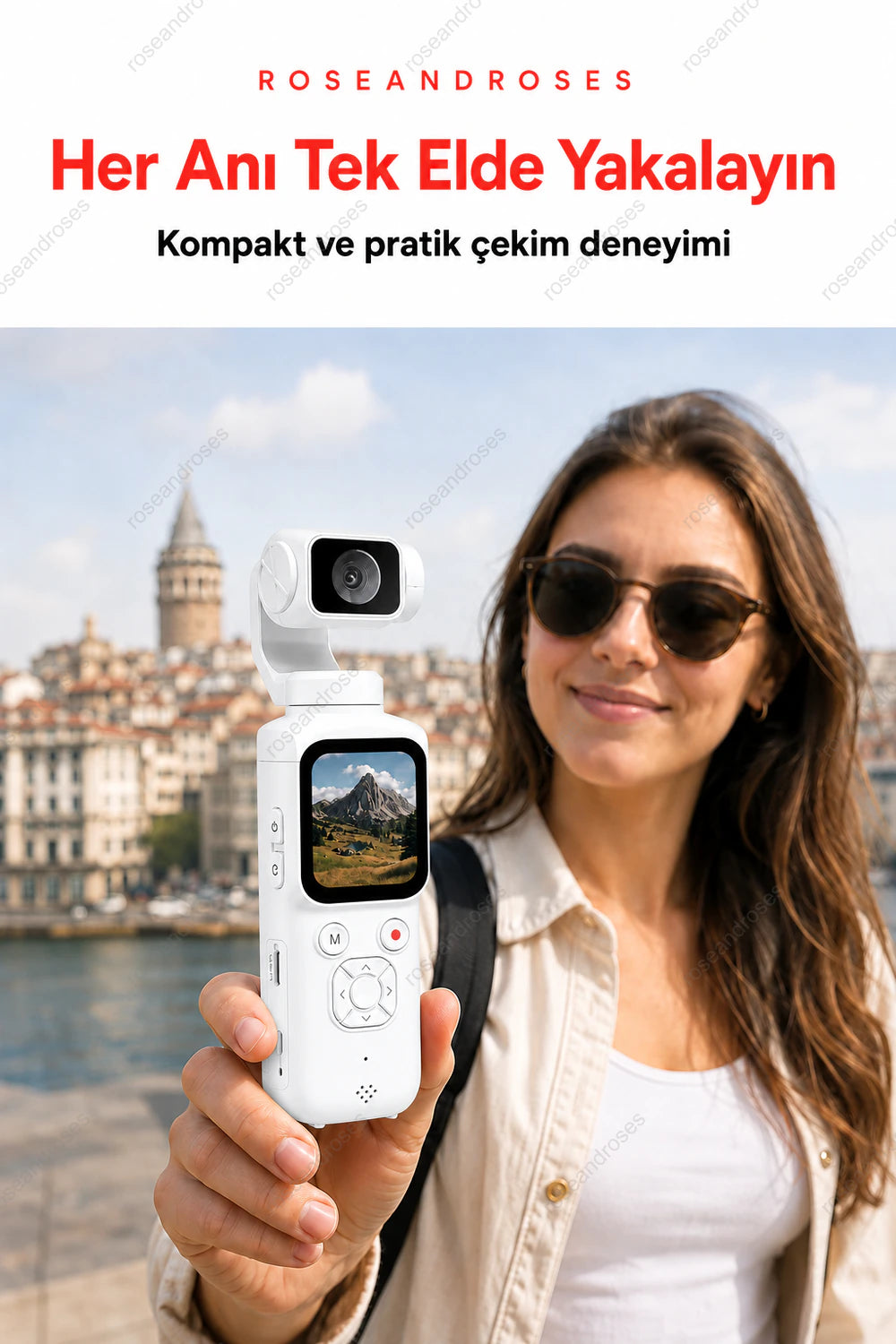 Beyaz PocketCam mini vlog kameranın seyahat ve günlük kullanım görseli