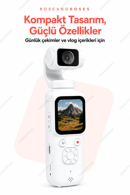 Beyaz PocketCam mini vlog kamera kompakt tasarım görseli