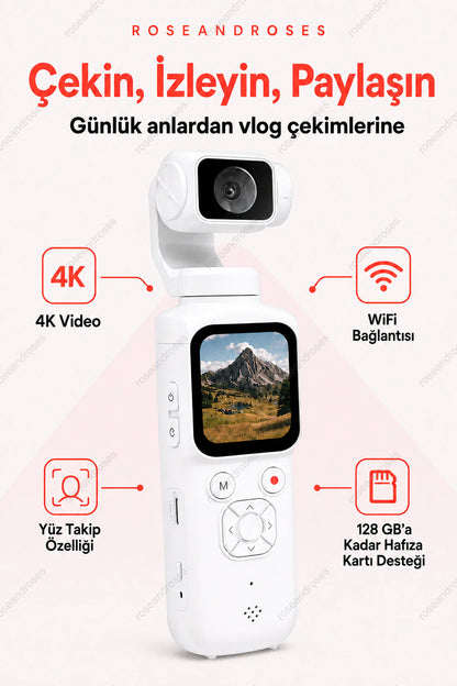 Beyaz PocketCam 4K WiFi yüz takibi ve 128 GB hafıza kartı desteği