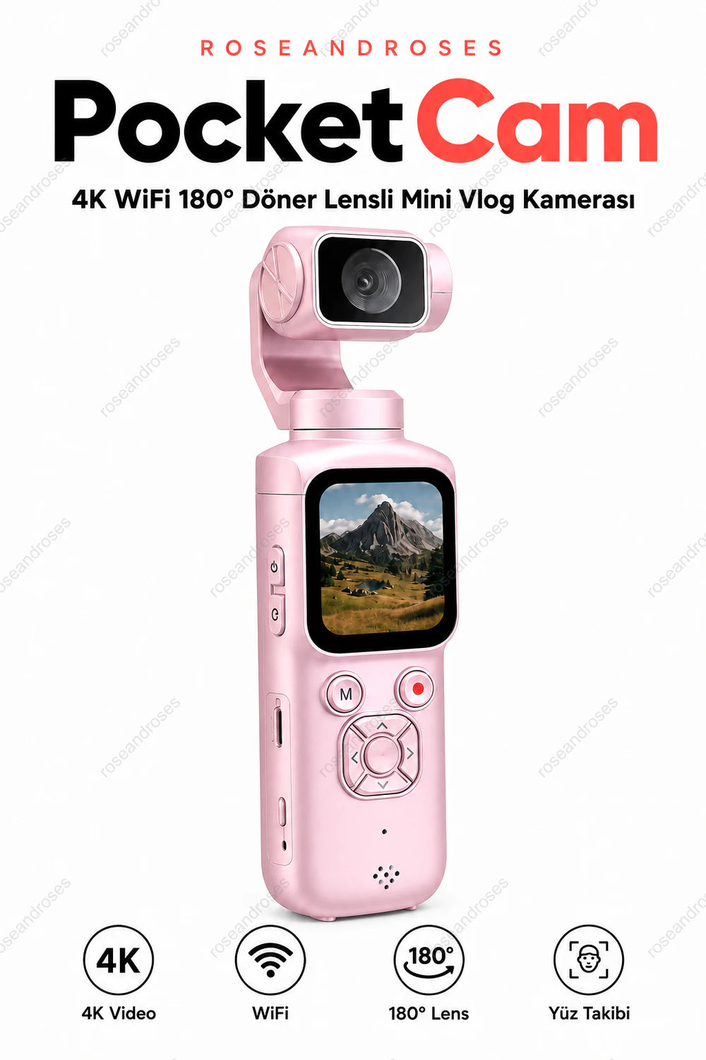 PocketCam 4K WiFi 180 derece döner lensli mini vlog kamera Pembe ana görseli