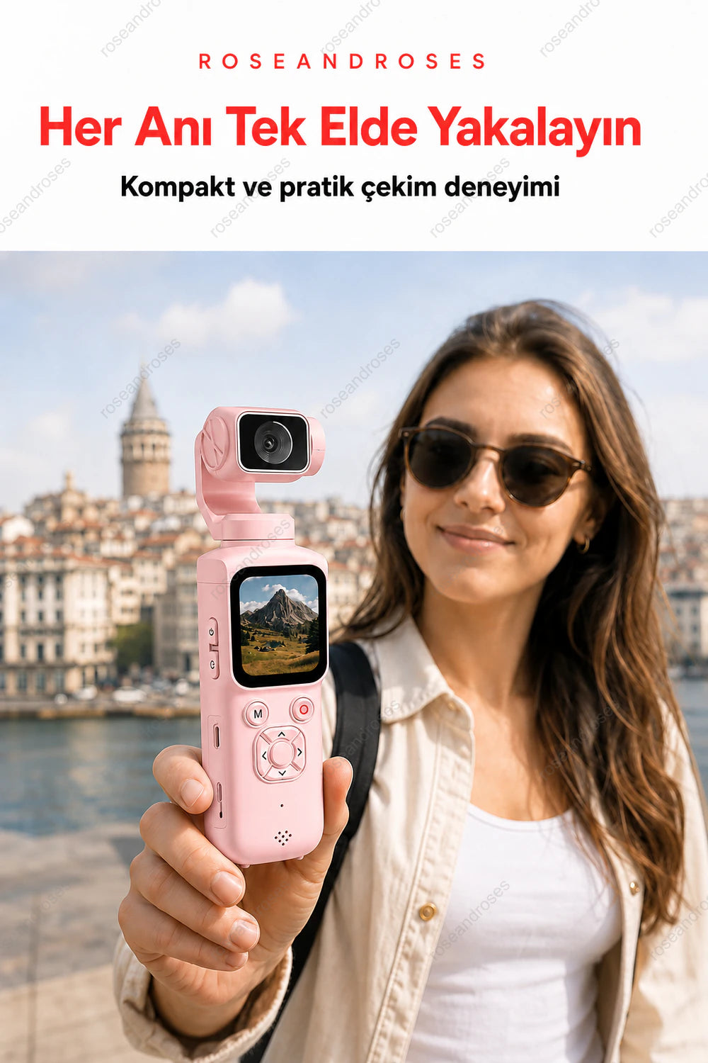 Pembe PocketCam mini vlog kameranın seyahat ve günlük kullanım görseli