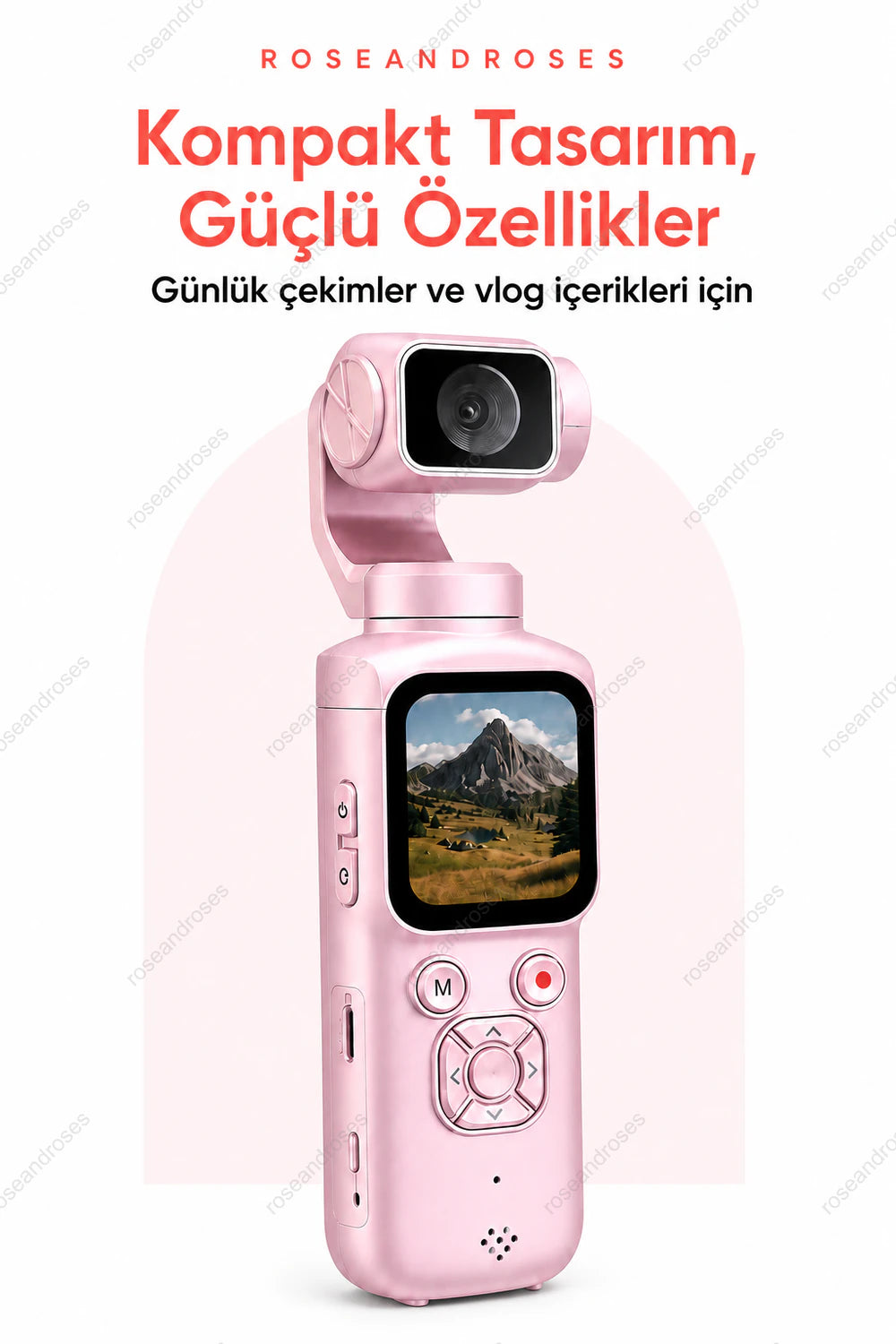 Pembe PocketCam mini vlog kamera kompakt tasarım görseli