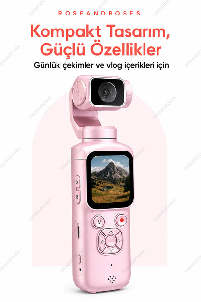 Pembe PocketCam mini vlog kamera kompakt tasarım görseli