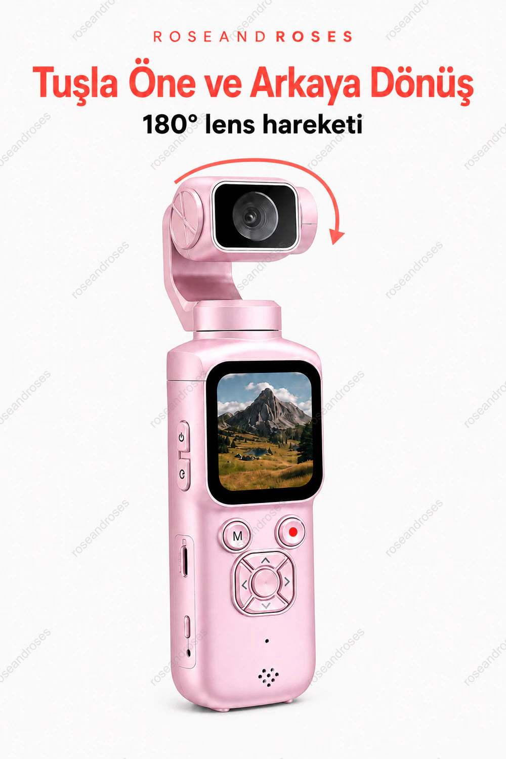 Pembe PocketCam tuşla öne ve arkaya 180 derece lens hareketi