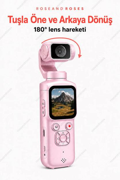 Pembe PocketCam tuşla öne ve arkaya 180 derece lens hareketi
