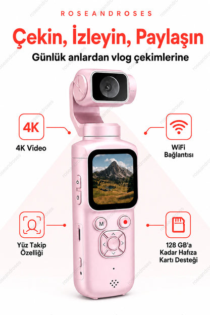 Pembe PocketCam 4K WiFi yüz takibi ve 128 GB hafıza kartı desteği