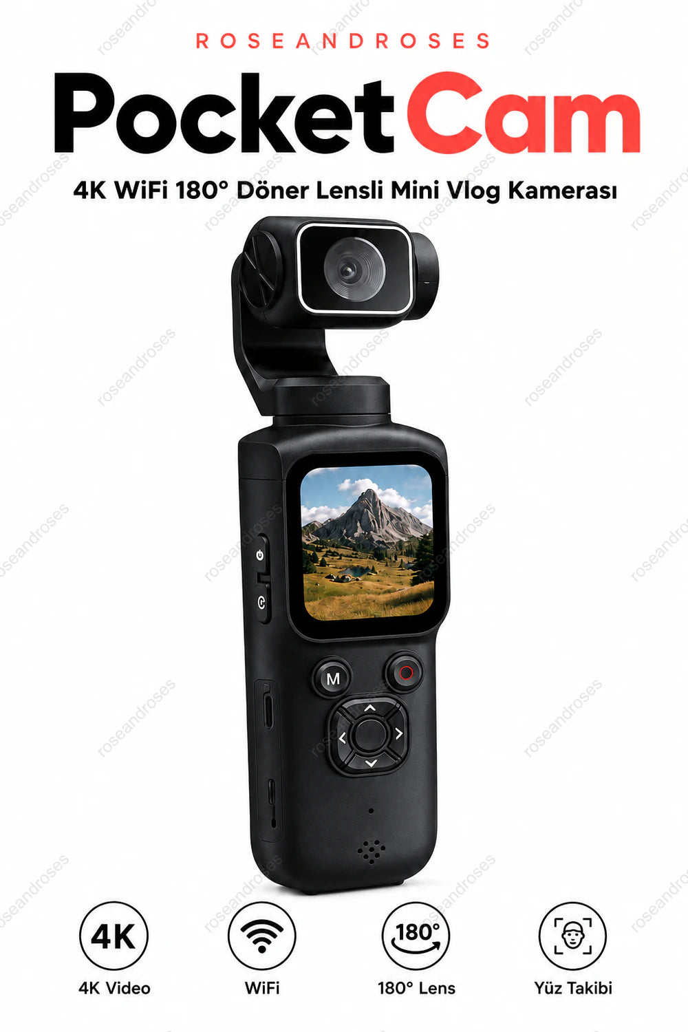 PocketCam 4K WiFi 180 derece döner lensli mini vlog kamera Siyah ana görseli