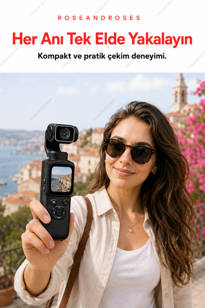 Siyah PocketCam mini vlog kameranın seyahat ve günlük kullanım görseli