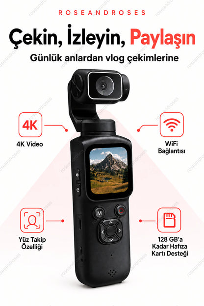 Siyah PocketCam 4K WiFi yüz takibi ve 128 GB hafıza kartı desteği