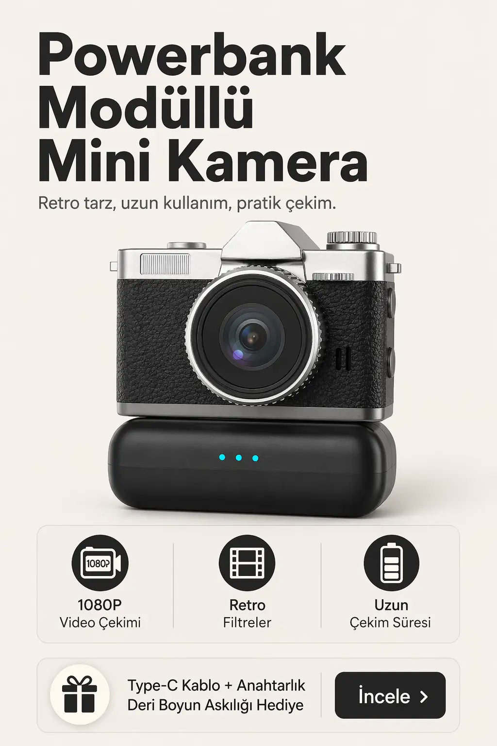 Powerbank Modüllü ve Filtreli Mini Foto Video Kamera (Siyah)
