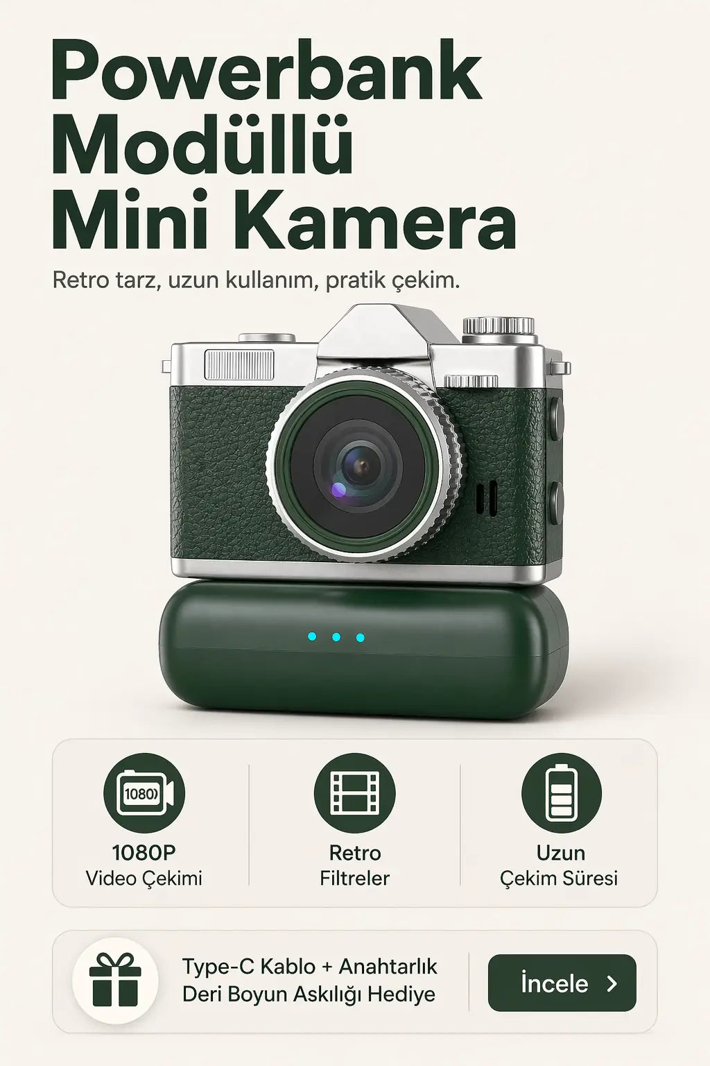 Powerbank Modüllü ve Filtreli Mini Foto Video Kamera (Haki)