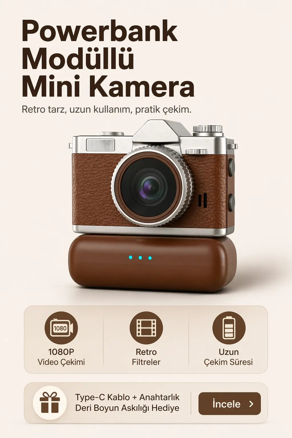 Powerbank Modüllü ve Filtreli Mini Foto Video Kamera (Kahverengi)