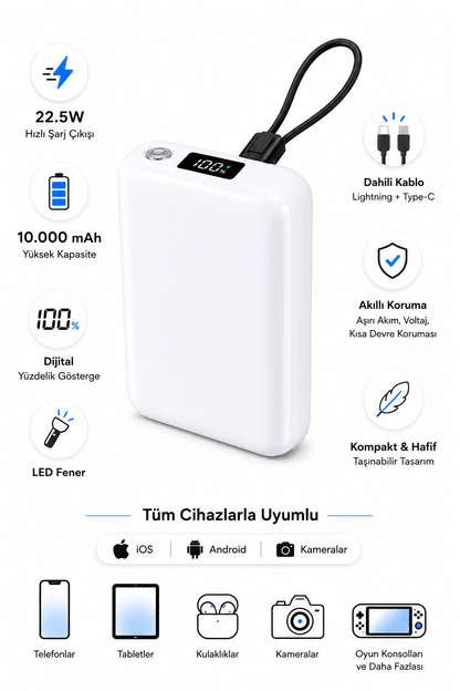 Tüm Cihazlarla Uyumlu El Fenerli Dijital TypeC/Lightning Powerbank
