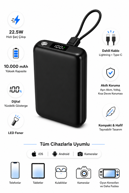 Tüm Cihazlarla Uyumlu El Fenerli Dijital TypeC/Lightning Powerbank