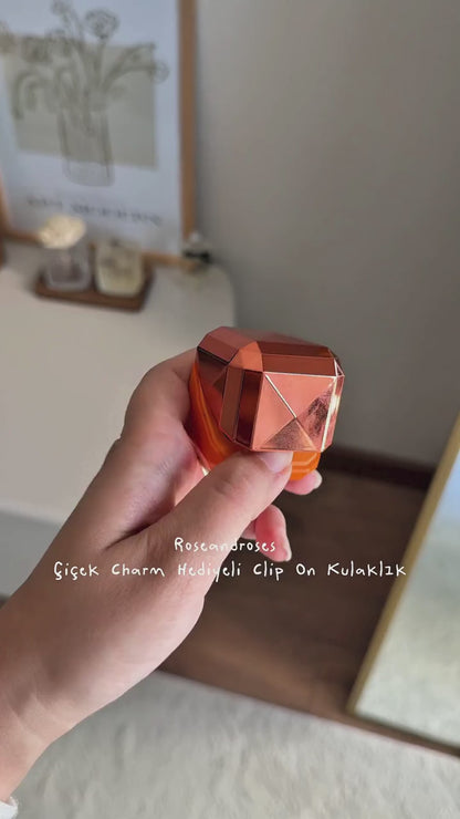Çiçek Charm Hediyeli Diamond Kutulu Clip-On Kablosuz Kulaklık (Turuncu)