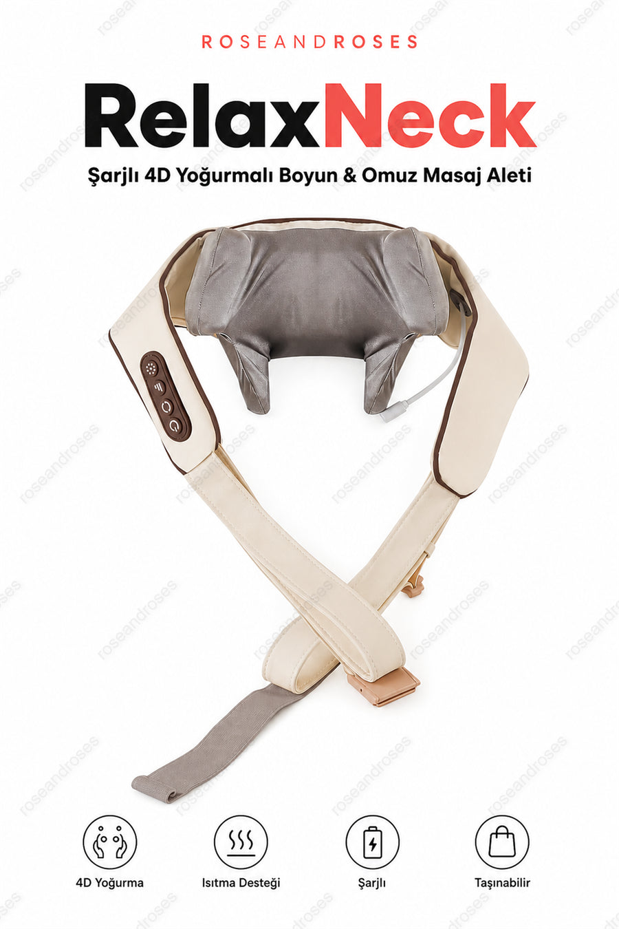 RelaxNeck Şarjlı 4D Yoğurmalı ve Isıtma Destekli Boyun & Omuz Masaj Aleti (Bej)