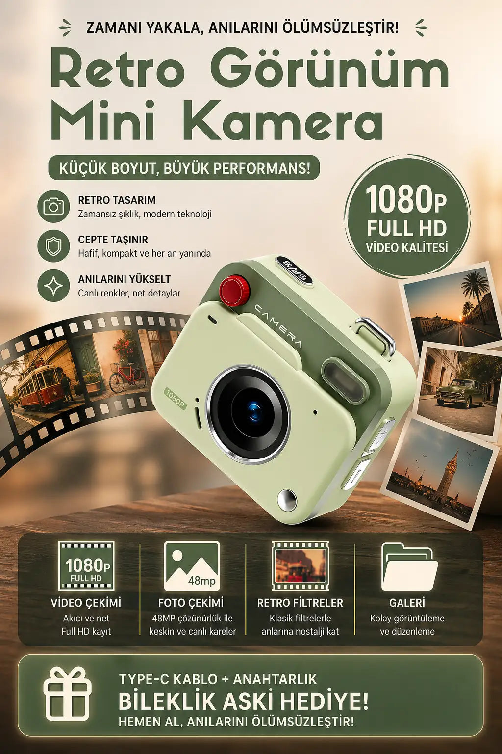 Retro Görünüm Kare Minimal Foto Video Kamera (Yeşil)