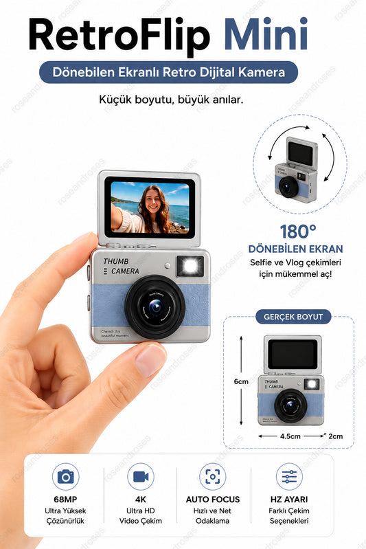 RetroFlip Mini Dönen Ekranlı Retro Efektli Dijital Kamera (Mavi)