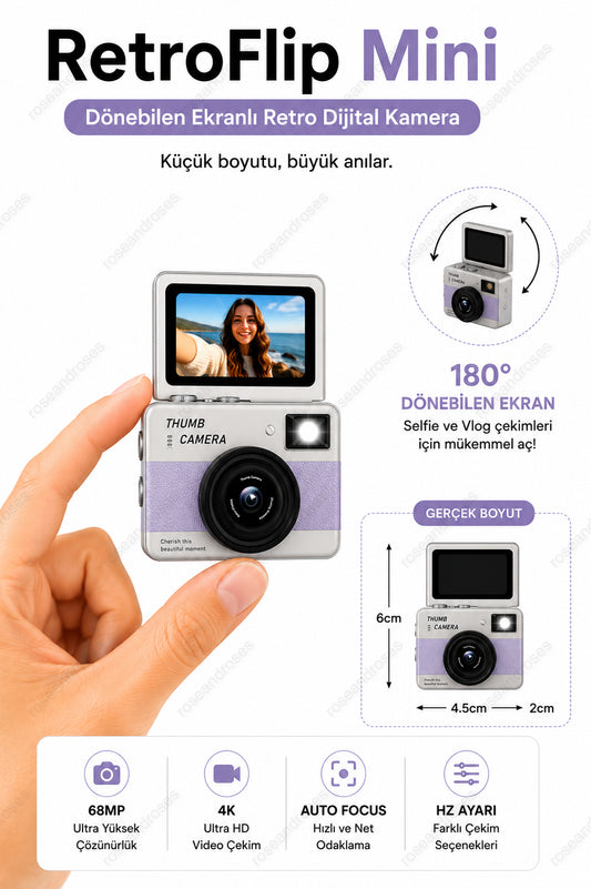 RetroFlip Mini Dönen Ekranlı Retro Efektli Dijital Kamera (Mor)