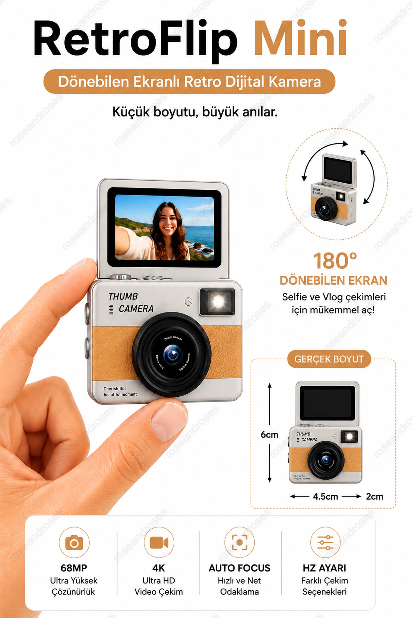 RetroFlip Mini Dönen Ekranlı Retro Efektli Dijital Kamera (Turuncu)