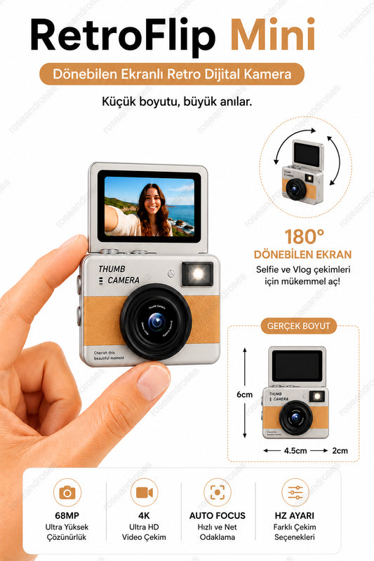 RetroFlip Mini Dönen Ekranlı Retro Efektli Dijital Kamera (Turuncu)