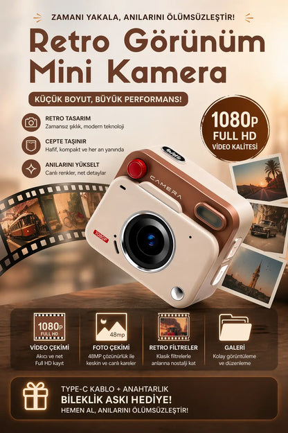 Retro Görünüm Kare Minimal Foto Video Kamera (Kahve)