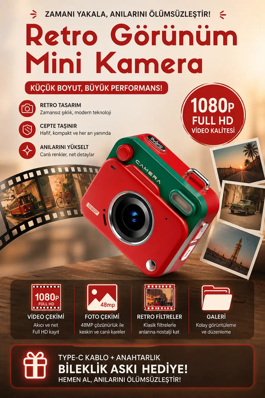 Retro Görünüm Kare Minimal Foto Video Kamera (Kırmızı)