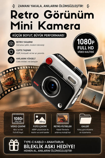 Retro Görünüm Kare Minimal Foto Video Kamera (Siyah)
