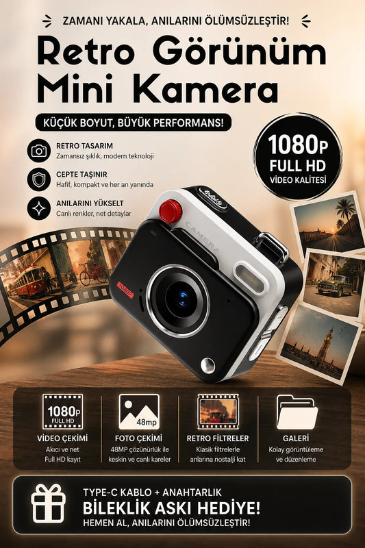 Retro Görünüm Kare Minimal Foto Video Kamera (Siyah)
