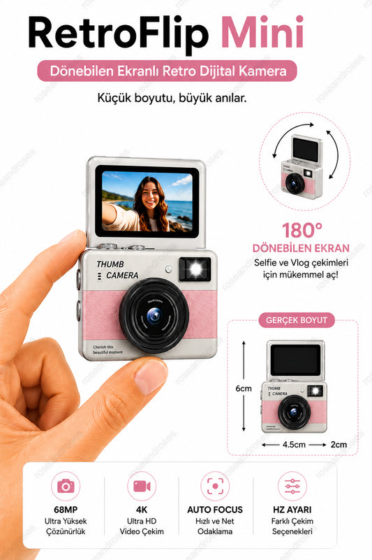 RetroFlip Mini Dönen Ekranlı Retro Efektli Dijital Kamera (Pembe)
