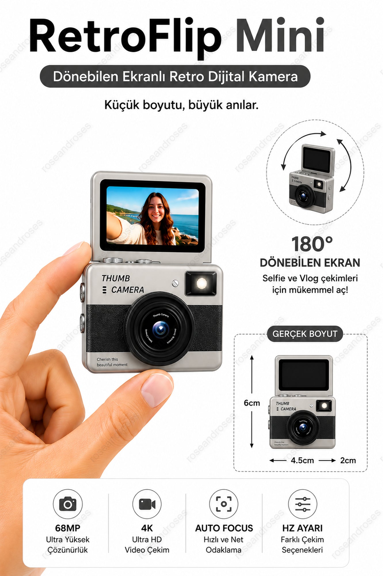 RetroFlip Mini Dönen Ekranlı Retro Efektli Dijital Kamera (Siyah)