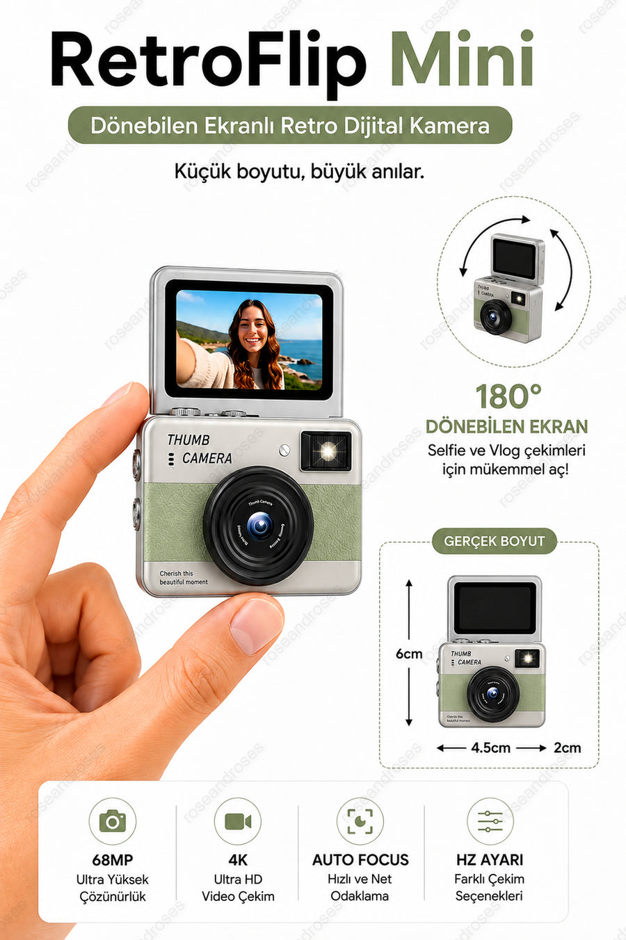 RetroFlip Mini Dönen Ekranlı Retro Efektli Dijital Kamera (Yeşil)