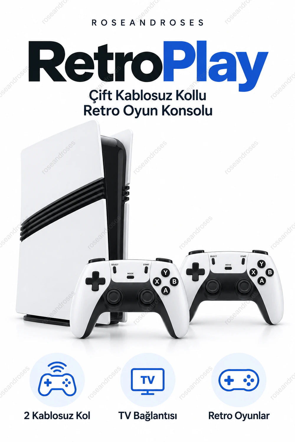 RetroPlay beyaz-siyah retro TV oyun konsolu ve iki kablosuz kol; beyaz zeminli ana ürün görseli