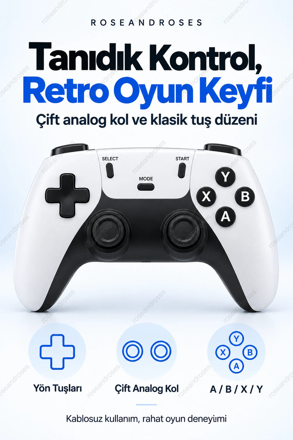 RetroPlay kablosuz kolun çift analog, yön ve A B X Y tuş düzeni