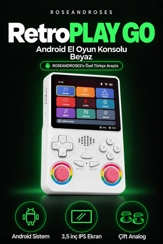 RetroPLAY GO Beyaz — Türkçe arayüz; gerçek renkler ve dekoratif analog stickerları