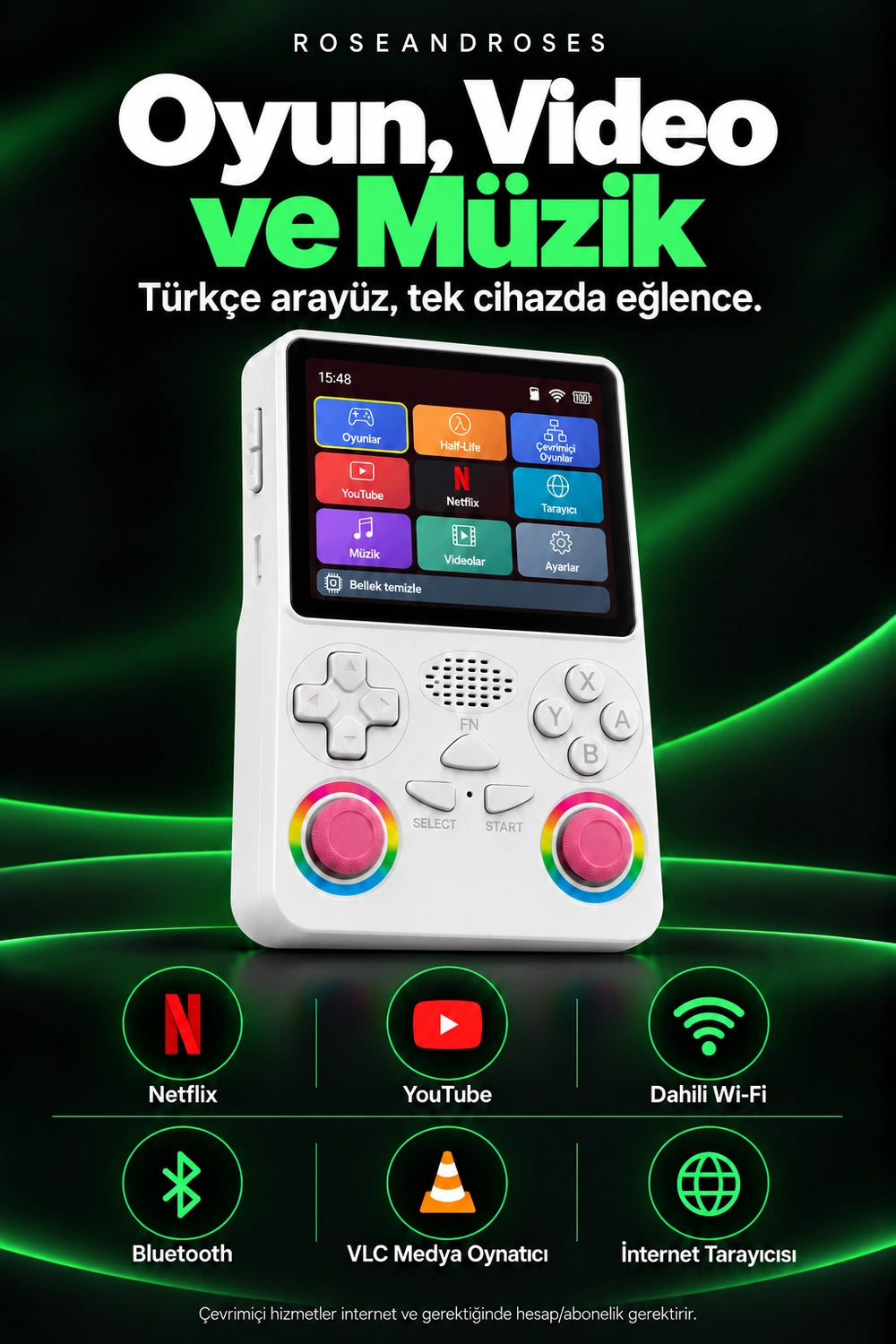 RetroPLAY GO Beyaz — Netflix YouTube Wi-Fi Bluetooth VLC ve tarayıcı; gerçek renkler ve dekoratif analog stickerları