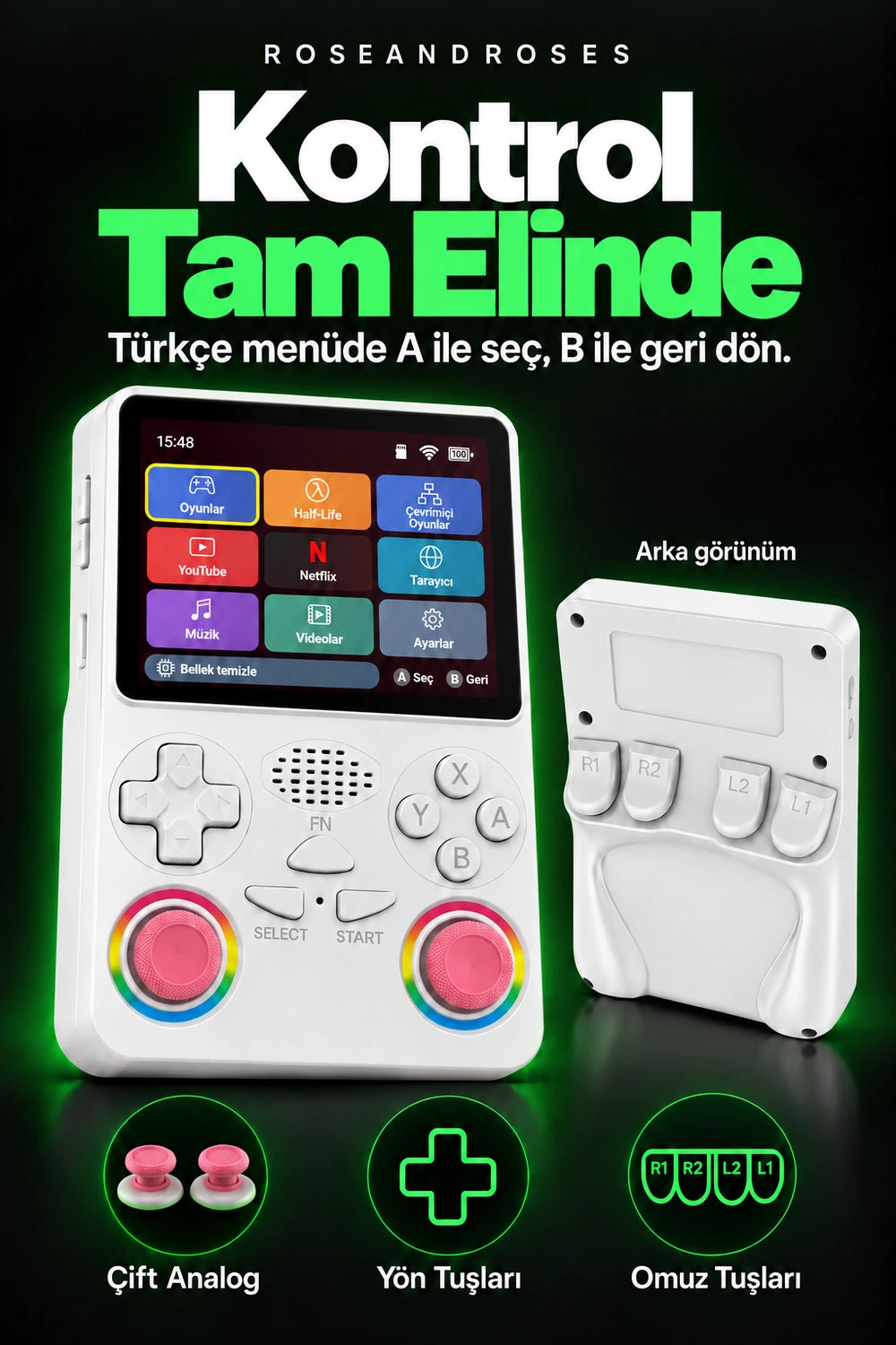 RetroPLAY GO Beyaz — Fiziksel kontroller; gerçek renkler ve dekoratif analog stickerları