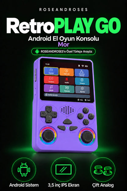 RetroPLAY GO Mor — Türkçe arayüz; gerçek renkler ve dekoratif analog stickerları