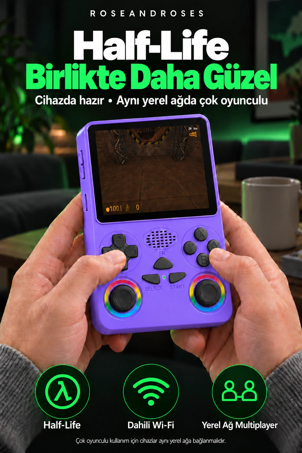 RetroPLAY GO Mor — Half-Life ve aynı ağda multiplayer; gerçek renkler ve dekoratif analog stickerları