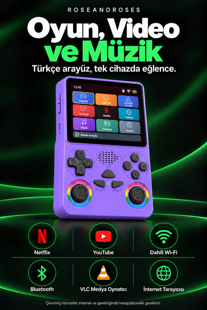 RetroPLAY GO Mor — Netflix YouTube Wi-Fi Bluetooth VLC ve tarayıcı; gerçek renkler ve dekoratif analog stickerları