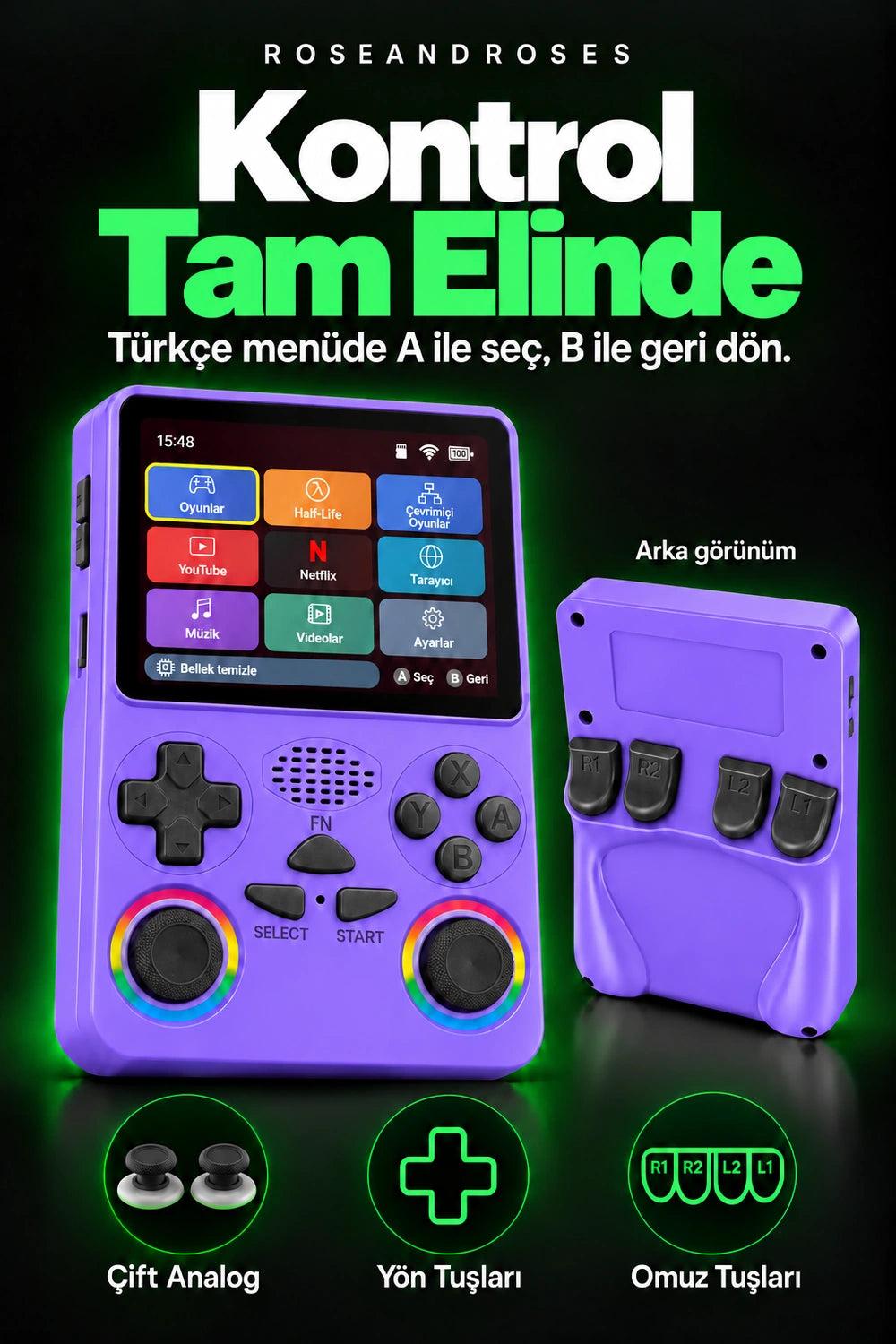 RetroPLAY GO Mor — Fiziksel kontroller; gerçek renkler ve dekoratif analog stickerları