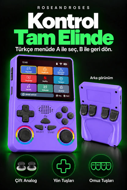 RetroPLAY GO Mor — Fiziksel kontroller; gerçek renkler ve dekoratif analog stickerları