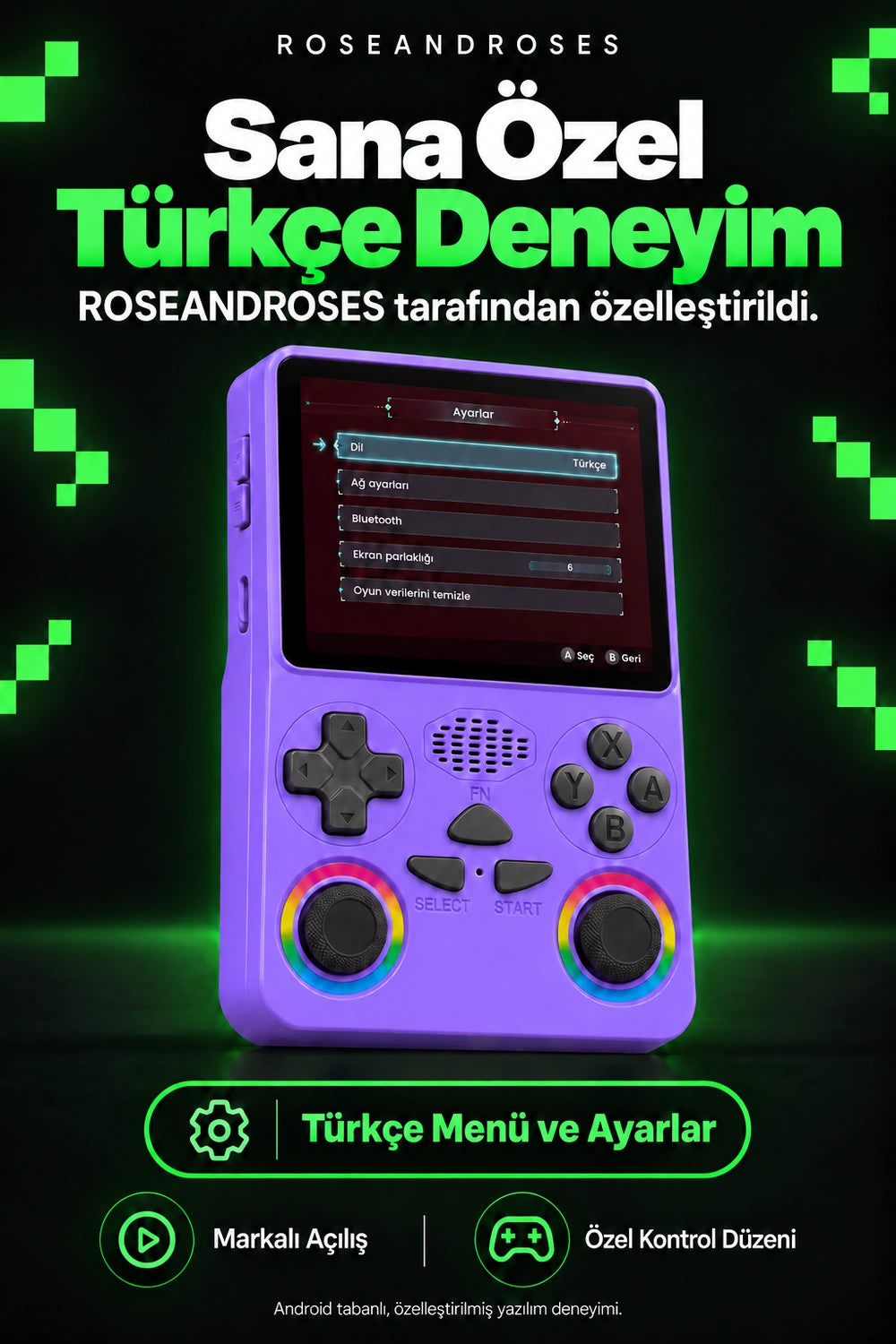 RetroPLAY GO Mor — Özel Türkçe deneyim; gerçek renkler ve dekoratif analog stickerları