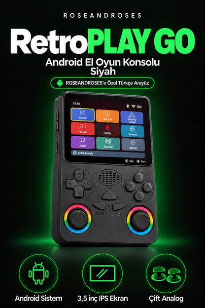 RetroPLAY GO Siyah — Türkçe arayüz; gerçek renkler ve dekoratif analog stickerları