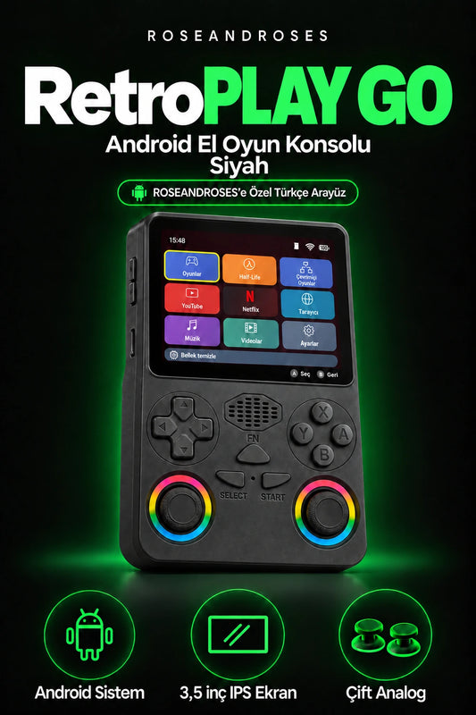 RetroPLAY GO Siyah — Türkçe arayüz; gerçek renkler ve dekoratif analog stickerları