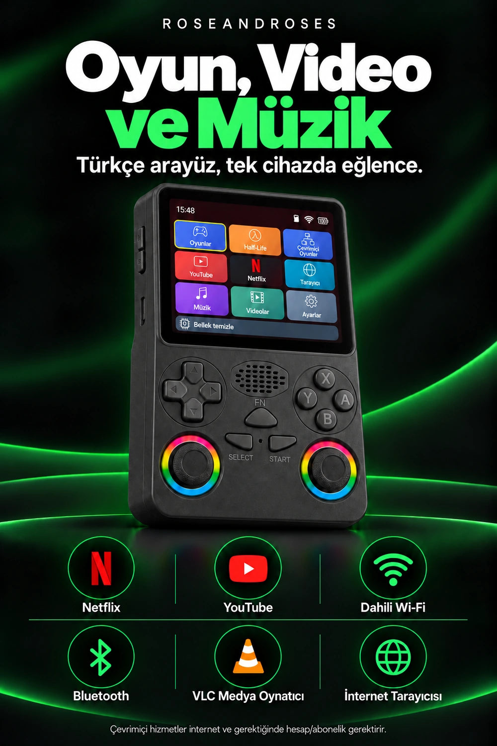 RetroPLAY GO Siyah — Netflix YouTube Wi-Fi Bluetooth VLC ve tarayıcı; gerçek renkler ve dekoratif analog stickerları