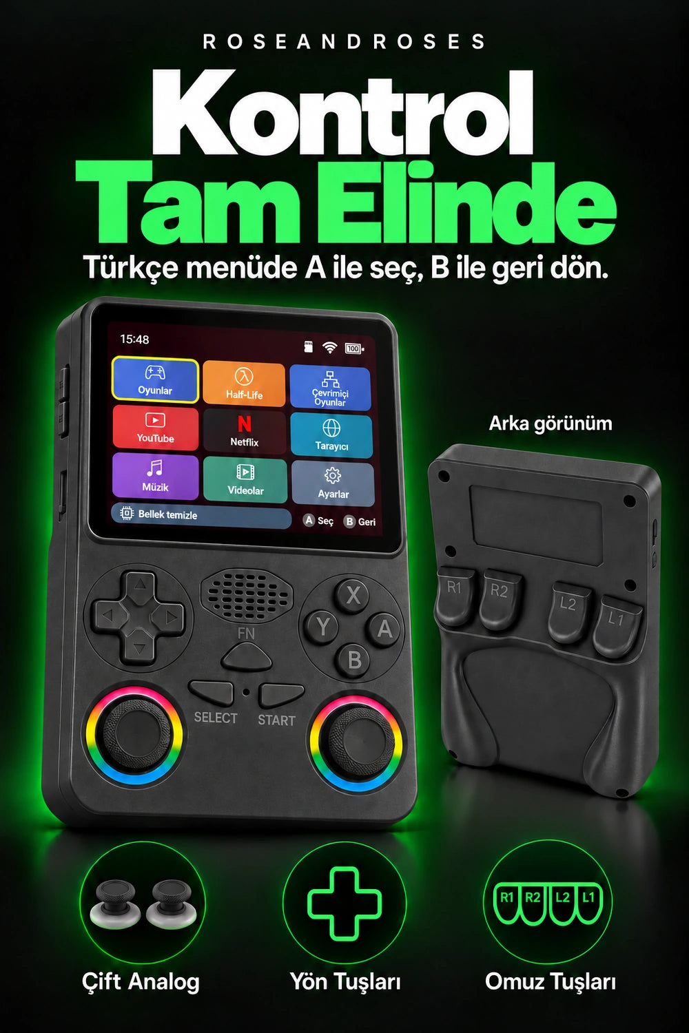 RetroPLAY GO Siyah — Fiziksel kontroller; gerçek renkler ve dekoratif analog stickerları