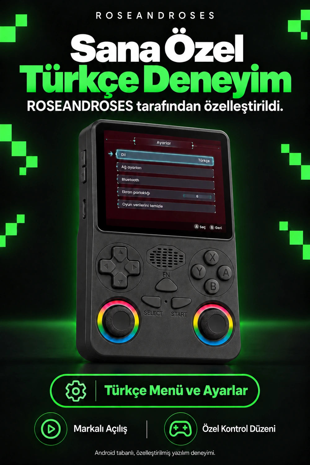 RetroPLAY GO Siyah — Özel Türkçe deneyim; gerçek renkler ve dekoratif analog stickerları
