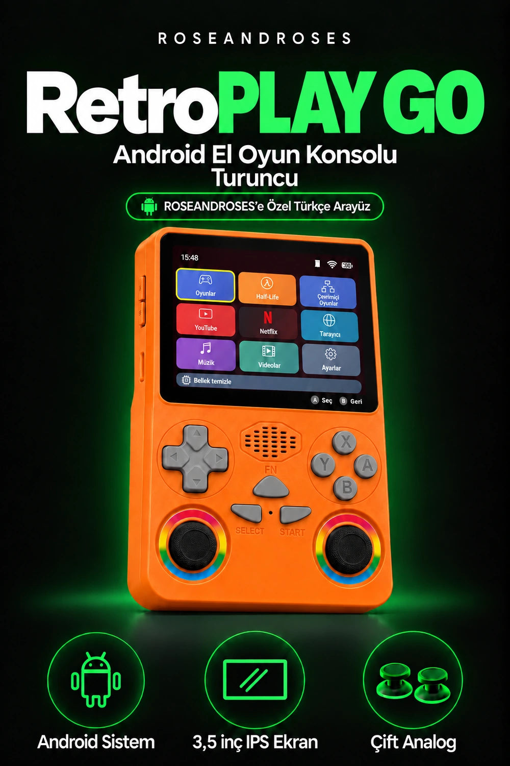RetroPLAY GO Turuncu — Türkçe arayüz; gerçek renkler ve dekoratif analog stickerları